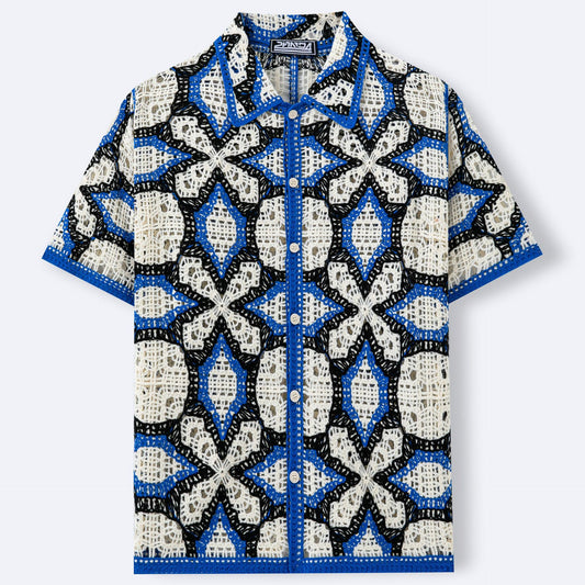 Geometric Jacquard Hollow-Out Knitted Polo Shirt