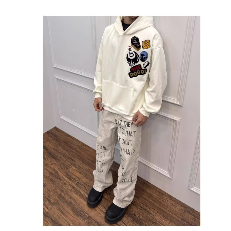 American Retro Distressed Slogan Letter Printed Jeans