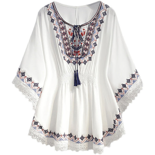 Women's Summer Loose Waist-controlled Top Vintage Printed Chiffon Shirt