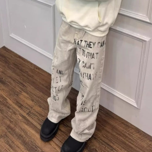 American Retro Distressed Slogan Letter Printed Jeans