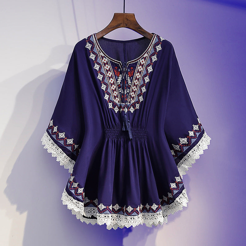 Women's Summer Loose Waist-controlled Top Vintage Printed Chiffon Shirt