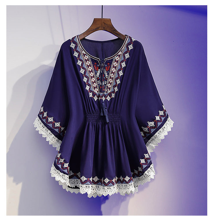Women's Summer Loose Waist-controlled Top Vintage Printed Chiffon Shirt