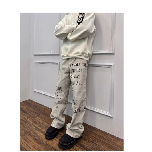American Retro Distressed Slogan Letter Printed Jeans