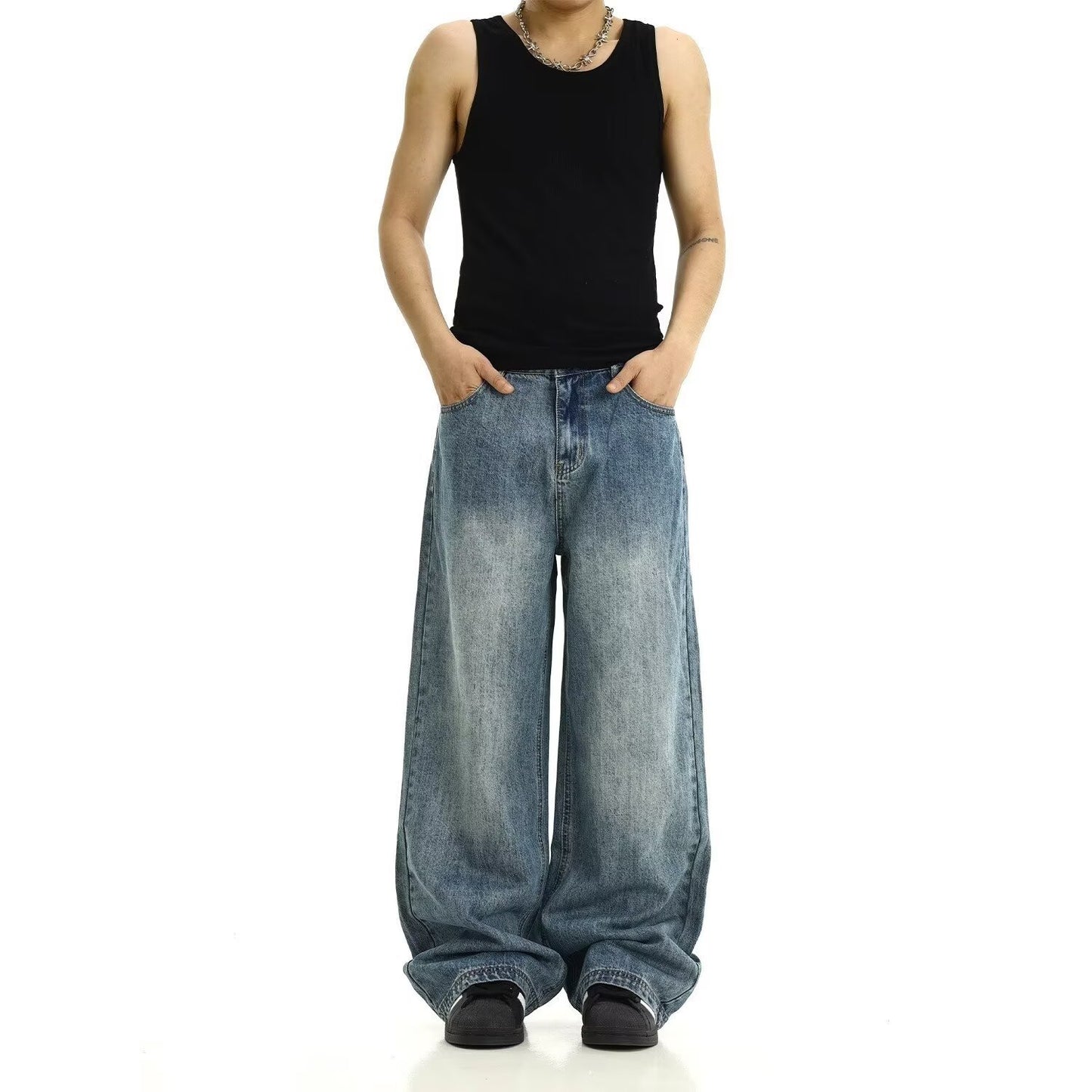 Street-style Vintage Washed Blue Jeans American Style