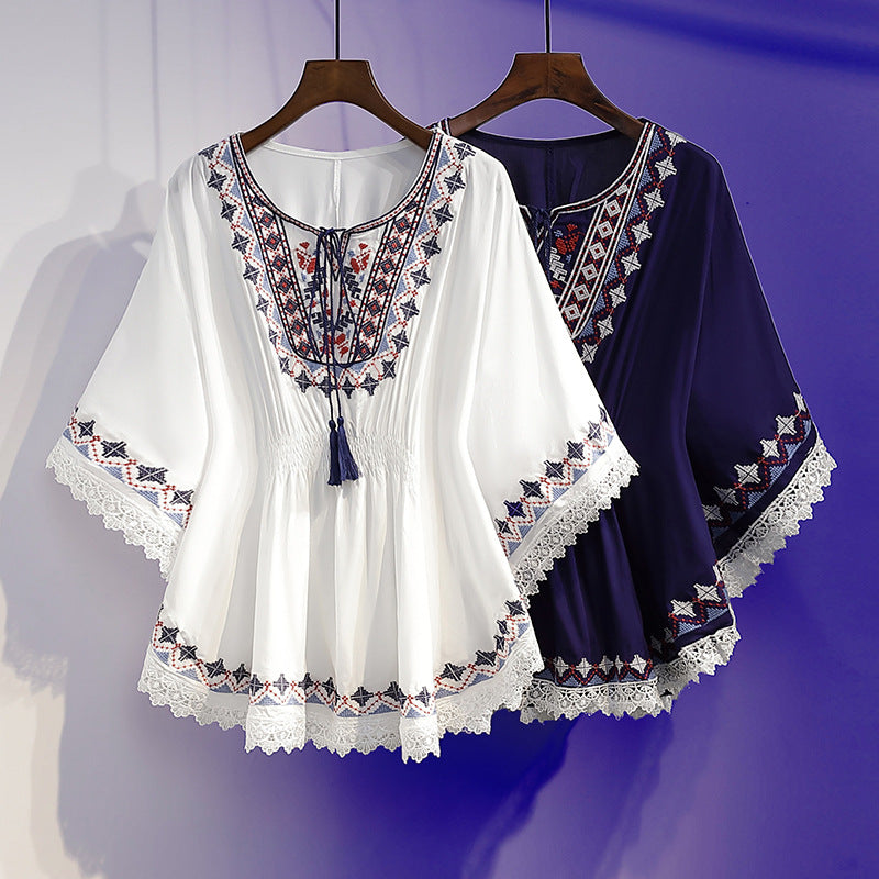 Women's Summer Loose Waist-controlled Top Vintage Printed Chiffon Shirt
